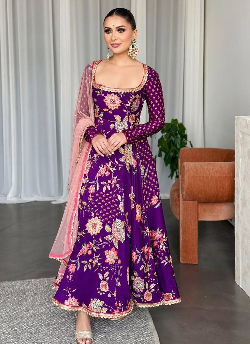 Purple Faux Georgette Sequins Embroidered And Digital Print Anarkali Suit Festive Wear