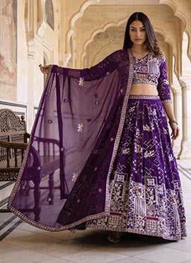 Purple Faux Georgette Sequins Embroidered Thread Umbrella Lehenga