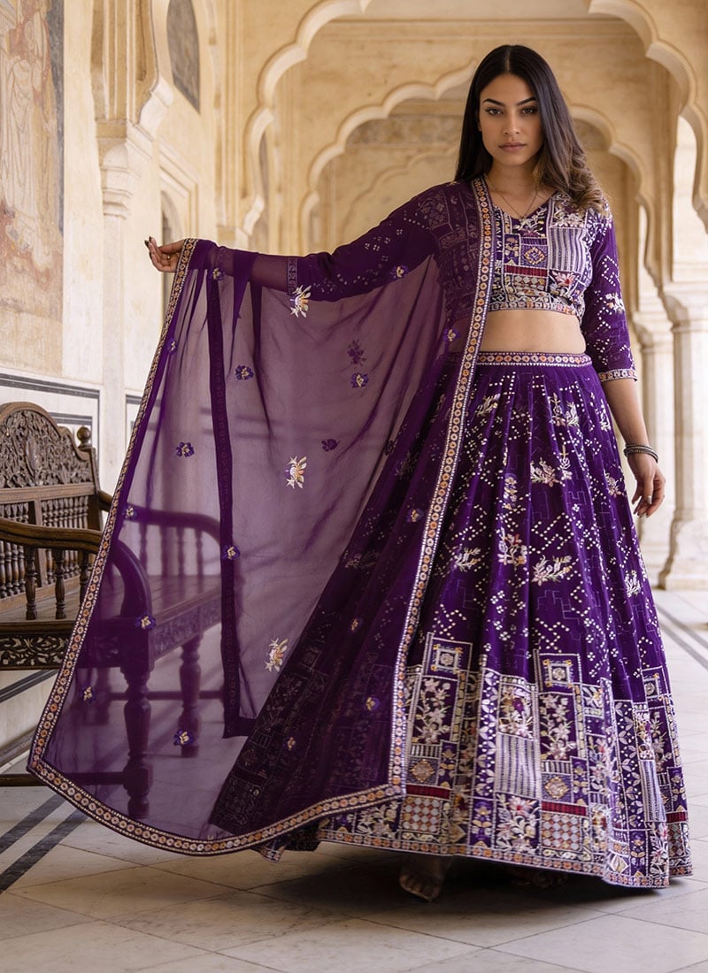 Purple Faux Georgette Sequins Embroidered Thread Umbrella Lehenga Wedding Wear