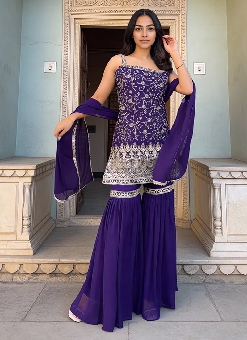 Purple Faux Georgette Sequins Thread Sharara Suit Festive Wear