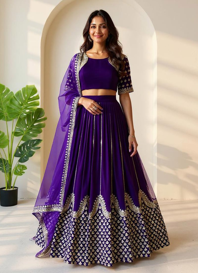Purple Faux Georgette Sequins Umbrella Lehenga Wedding Wear