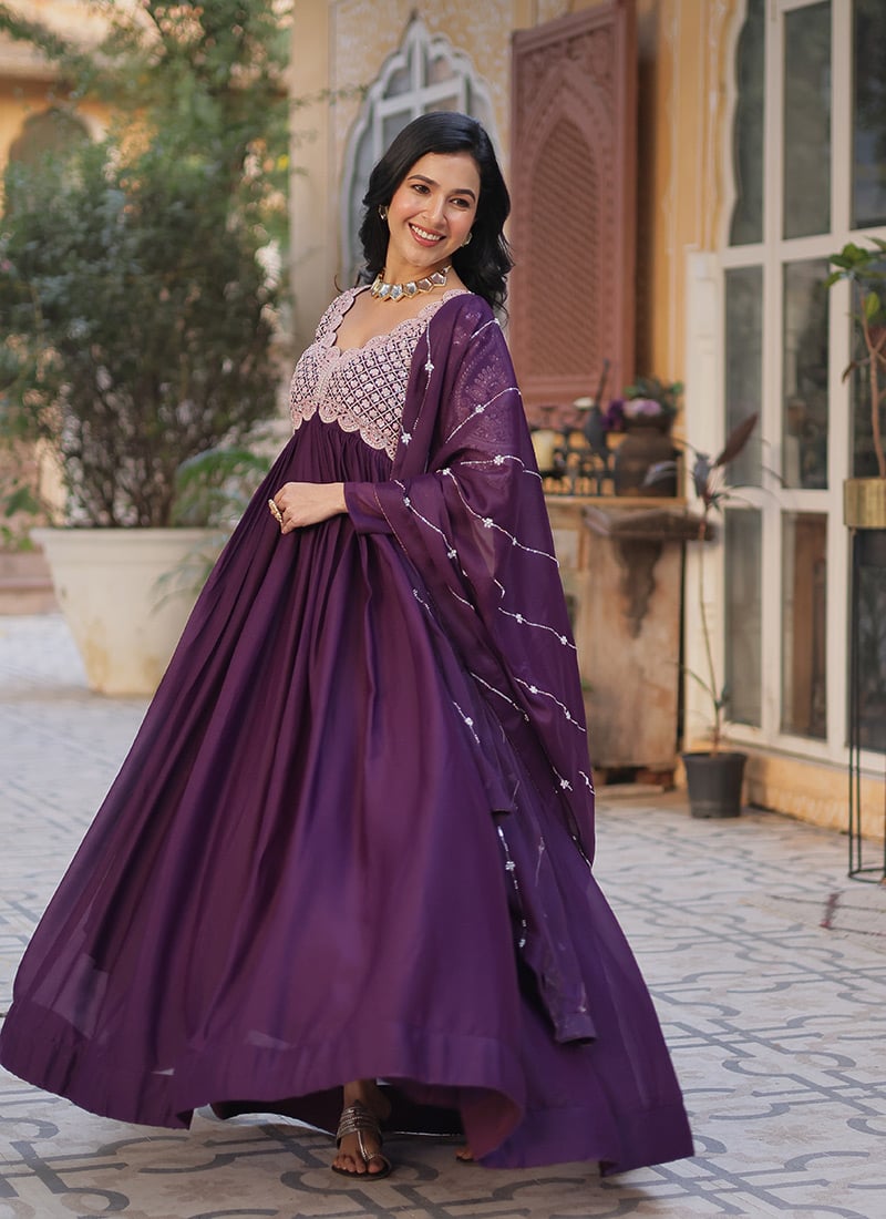 Purple Faux Georgette Sequins Work Anarkali Suit