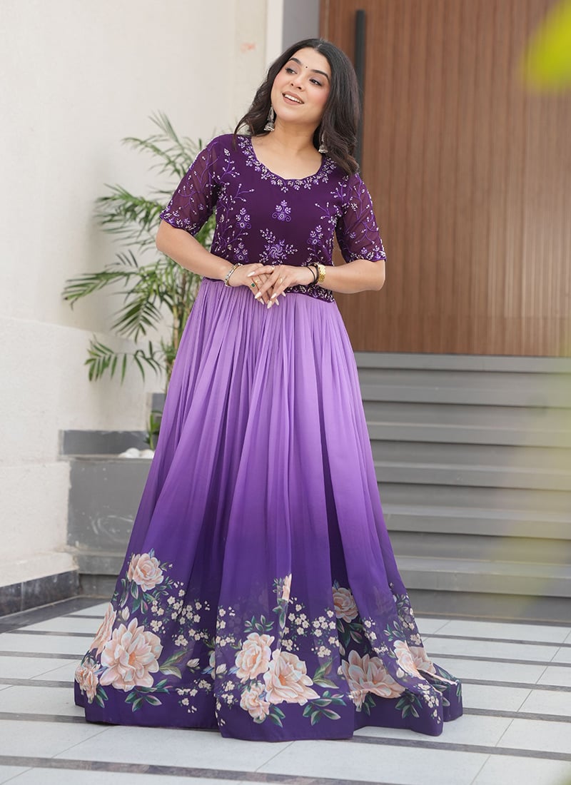 Purple Faux Georgette Thread Embroidered With Beads Anarkali Gown Festive Wear
