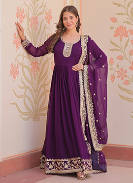 Purple Faux Georgette Zari And Sequins Embroidered Anarkali Suit Festive Wear