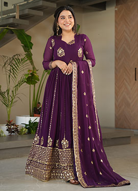 Purple Faux Georgette Zari And Sequins Embroidered Anarkali Suit Festive Wear