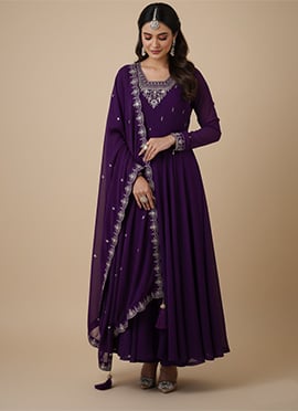 Purple Faux Georgette Zari Embroidered Anarkali Suit