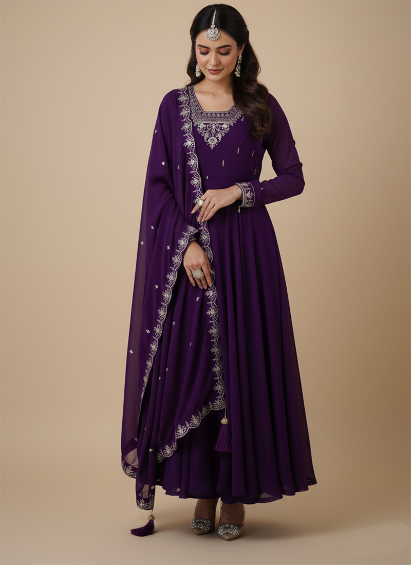 Purple Faux Georgette Zari Embroidered Anarkali Suit After Six Wear