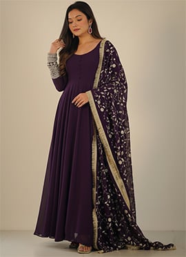 Purple Faux Georgette Zari Embroidered Sequins Anarkali Suit