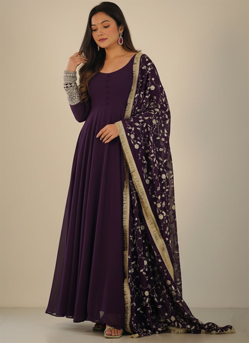 Purple Faux Georgette Zari Embroidered Sequins Anarkali Suit Festive Wear