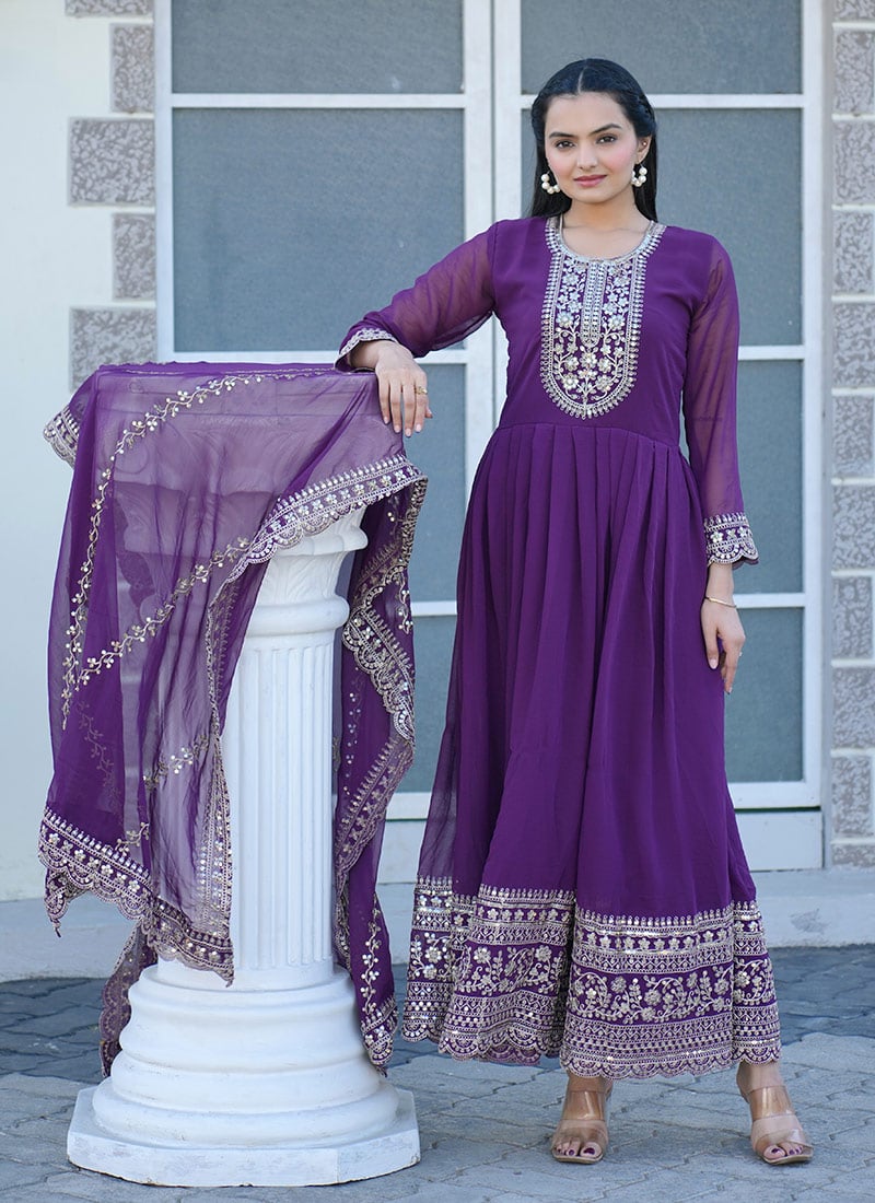 Purple Faux Georgette Zari Embroidered Sequins Anarkali Suit Festive Wear