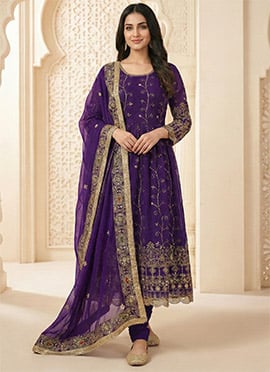 Purple Faux Georgette Zari Embroidered Sequins Anarkali Suit