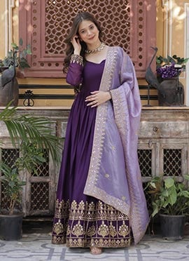 Purple Faux Georgette Zari Embroidered Sequins Anarkali Suit