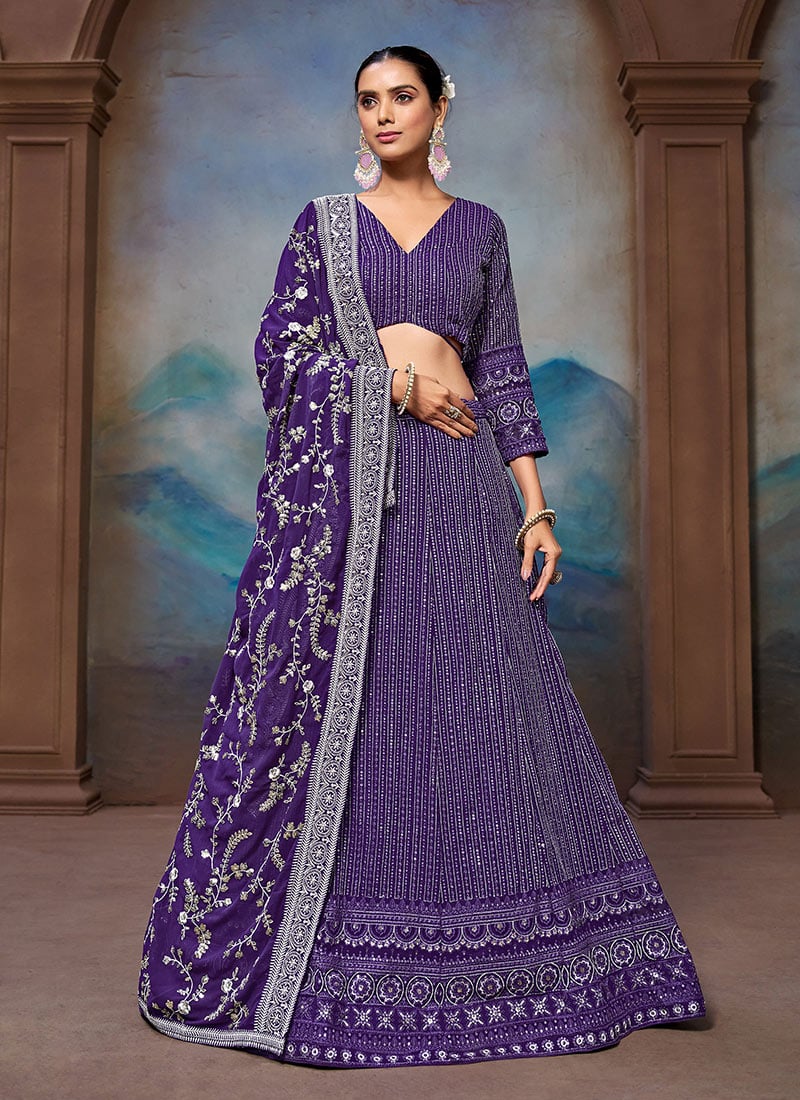 Purple Faux Georgette Zari Embroidered Sequins Classy Lehenga Wedding Wear