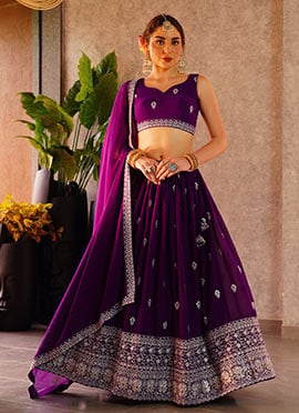 Purple Georgette Zari Embroidered Sequins Elegant Lehenga