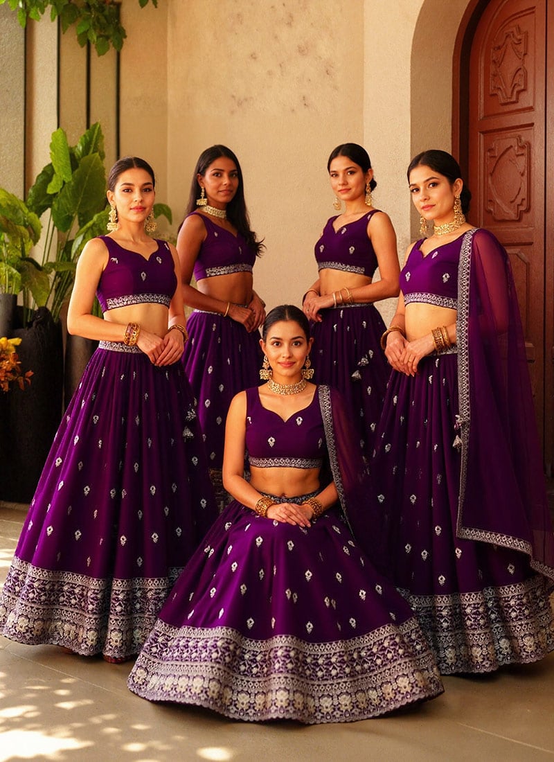 Purple Georgette Zari Embroidered Sequins Elegant Lehenga Wedding Wear