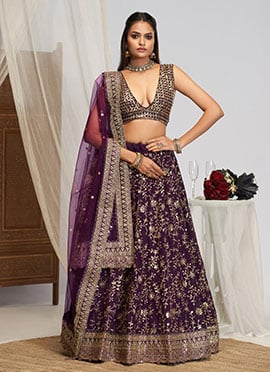 Purple Faux Georgette Zari Embroidered Sequins Glamorous Lehenga
