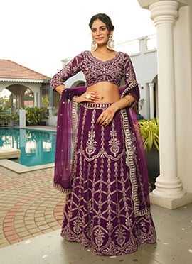 Purple Georgette Zari Embroidered Sequins Lehenga