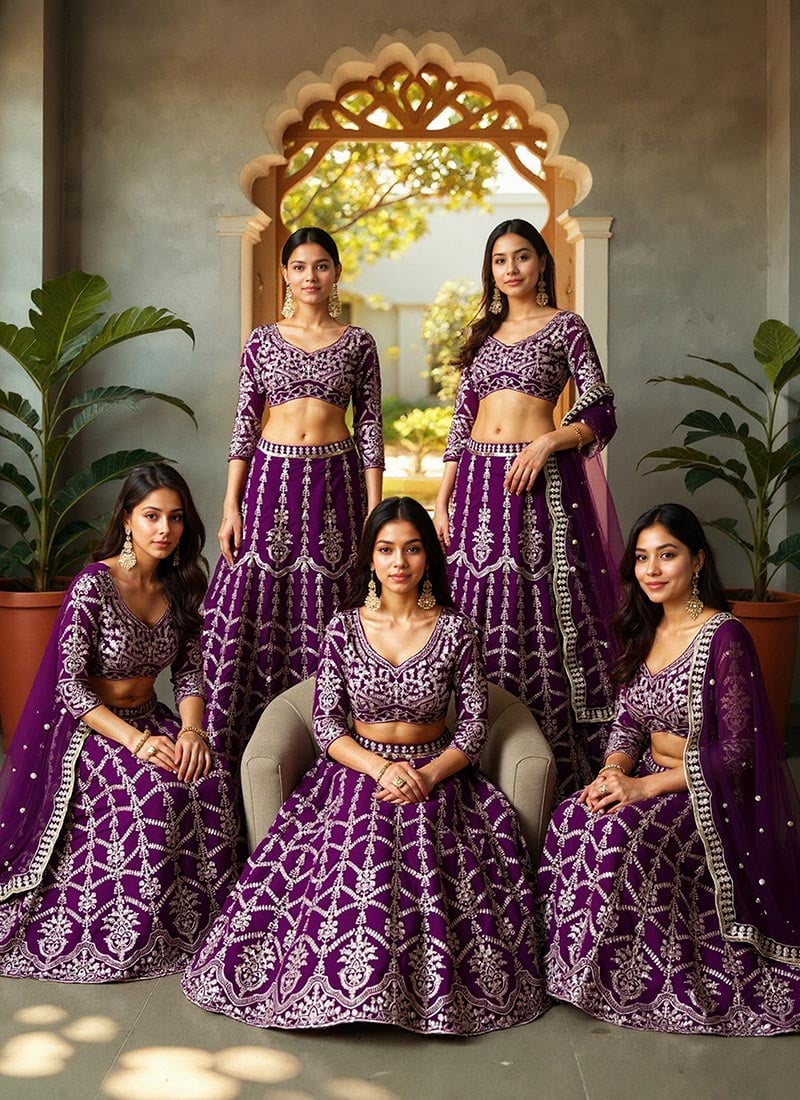 Purple Georgette Zari Embroidered Sequins Lehenga Wedding Wear