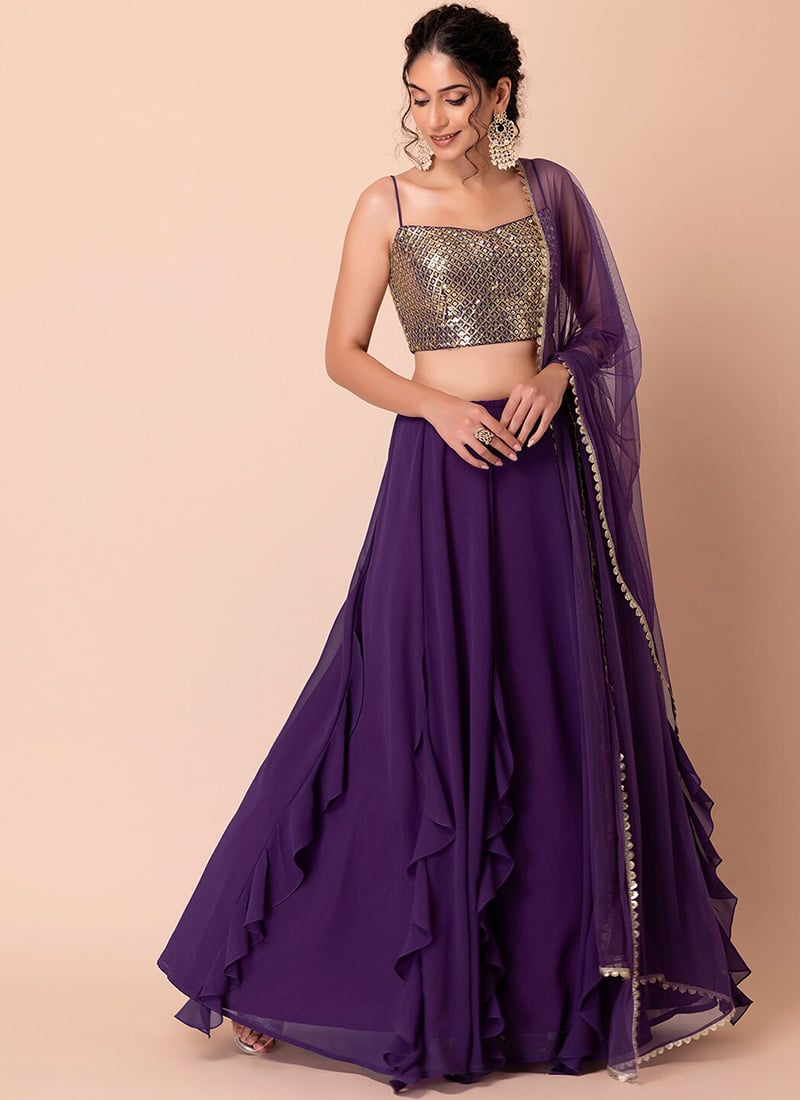 Purple Faux Georgette Zari Embroidered Sequins Lehenga Festive Wear-GHSEP15072PU