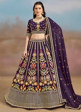 Purple Faux Georgette Zari Embroidered Sequins Lehenga Wedding Wear