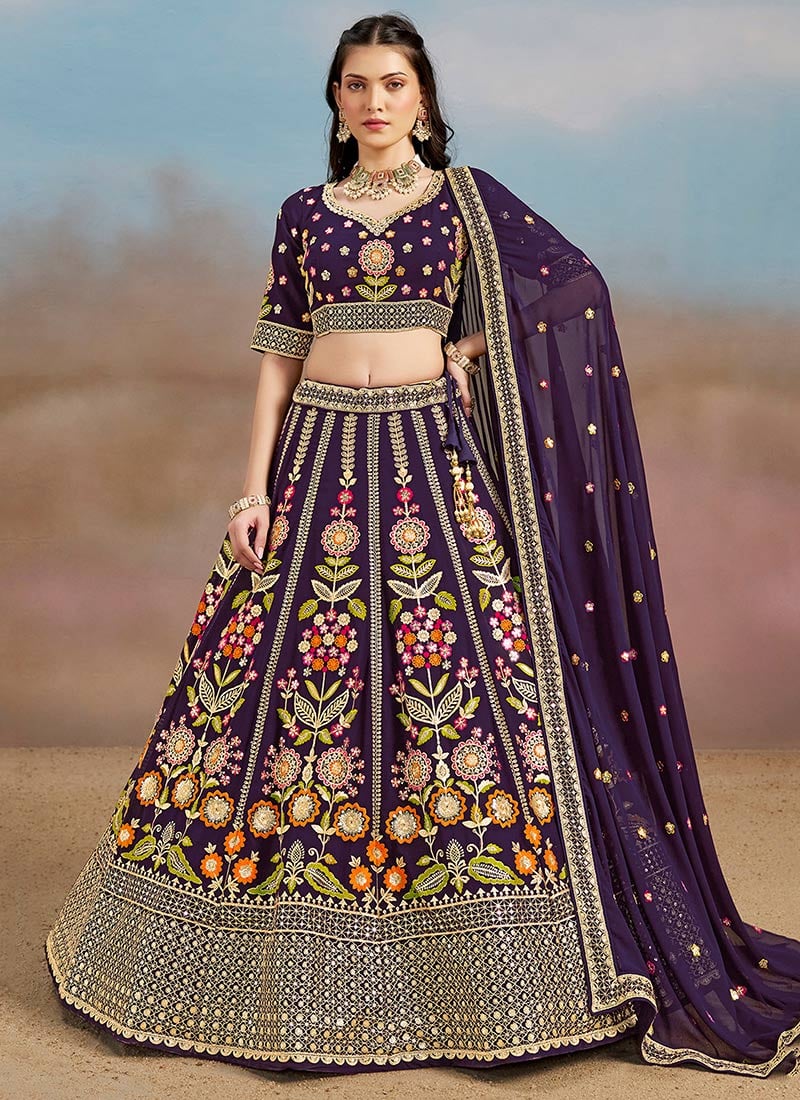 Purple Faux Georgette Zari Embroidered Sequins Lehenga Wedding Wear