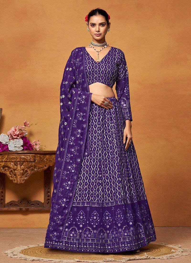 Purple Faux Georgette Zari Embroidered Sequins Lehenga Wedding Wear