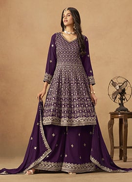 Purple Faux Georgette Zari Embroidered Sequins Palazzo Suit