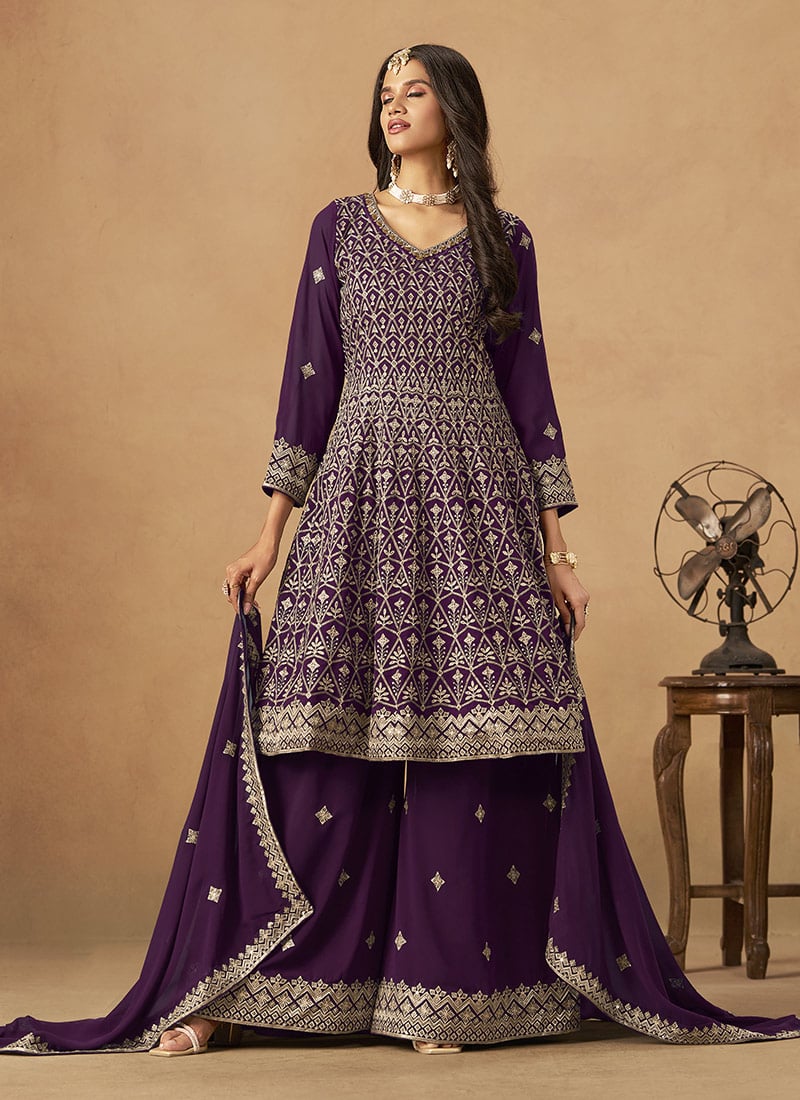 Purple Faux Georgette Zari Embroidered Sequins Palazzo Suit Festive Wear