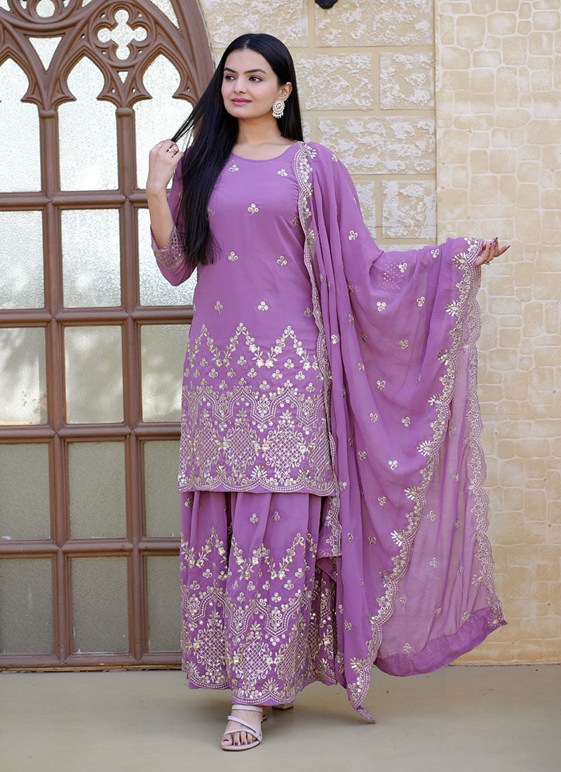 Purple Faux Georgette Zari Embroidered Sequins Palazzo Suit Festive Wear