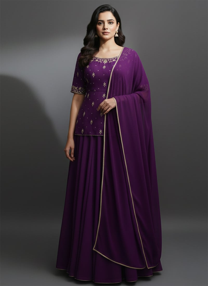 Purple Faux Georgette Zari Foil Embroidered A Line Lehenga Festive Wear
