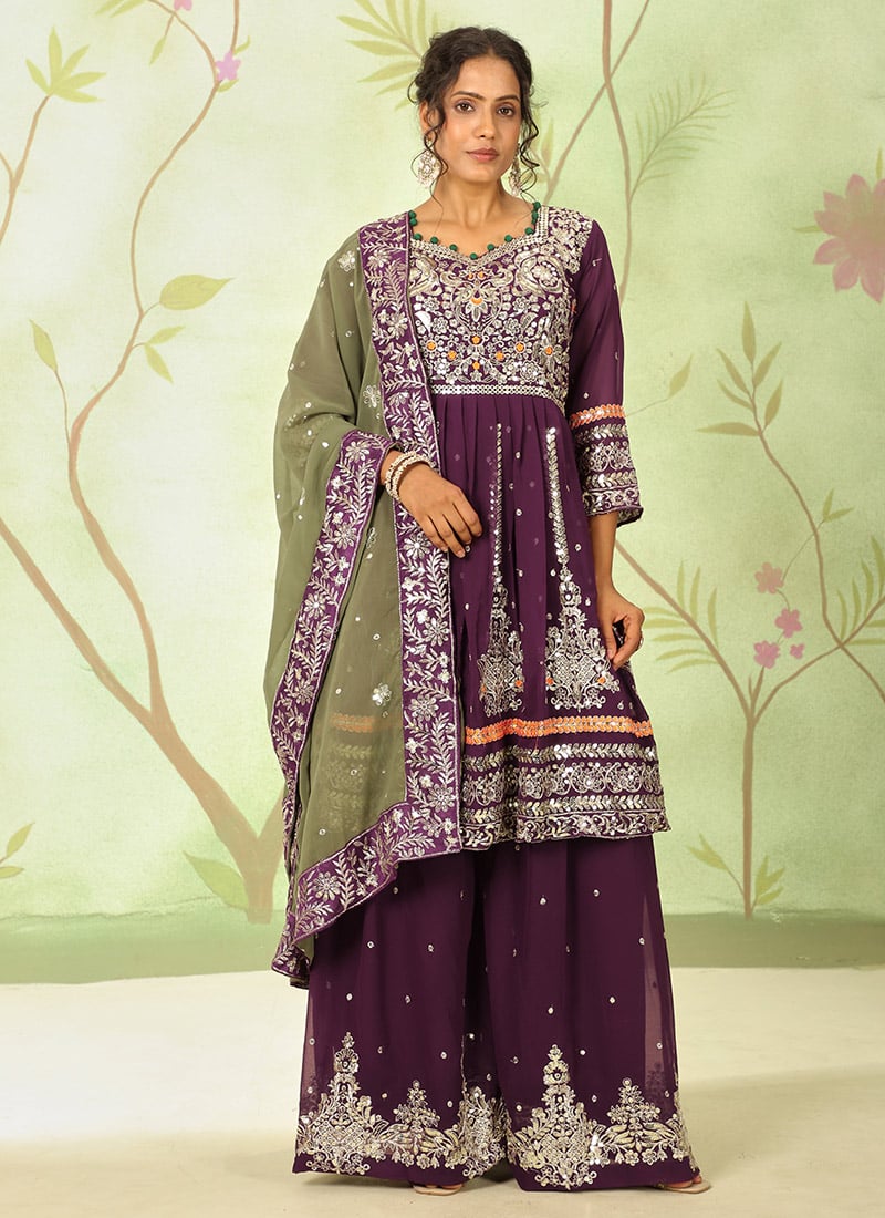 Purple Faux Georgette Zari Sequins Anarkali Palazzo Suit Festive Wear