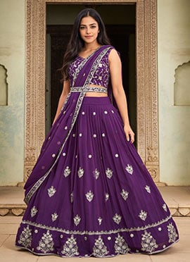 Purple Faux Georgette Zari Sequins Embroidered A Line Lehenga