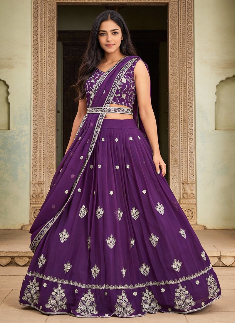 Purple Faux Georgette Zari Sequins Embroidered A Line Lehenga Wedding Wear