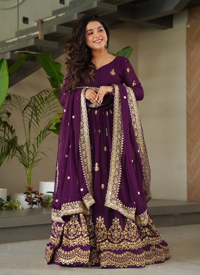 Purple Faux Georgette Zari Sequins Embroidered Anarkali Suit Festive Wear