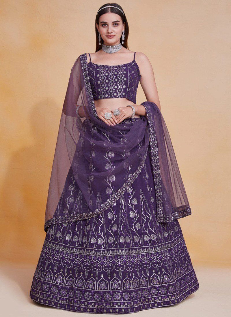 Purple Faux Georgette Zari Sequins Embroidered Thread A Line Lehenga Wedding Wear