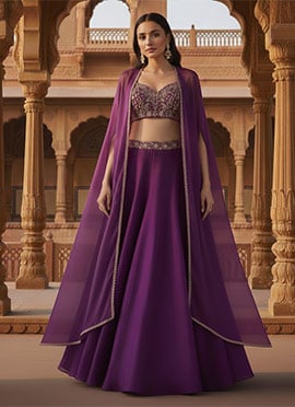 Purple Faux Georgette Zari Sequins Indowestern Skirt Set With Jacket