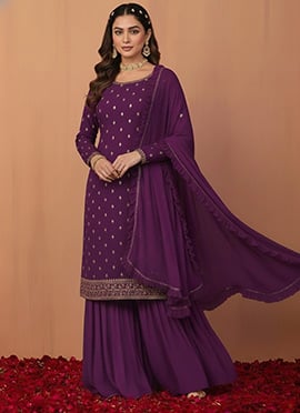 Purple Faux Georgette Zari Sequins Sharara Suit