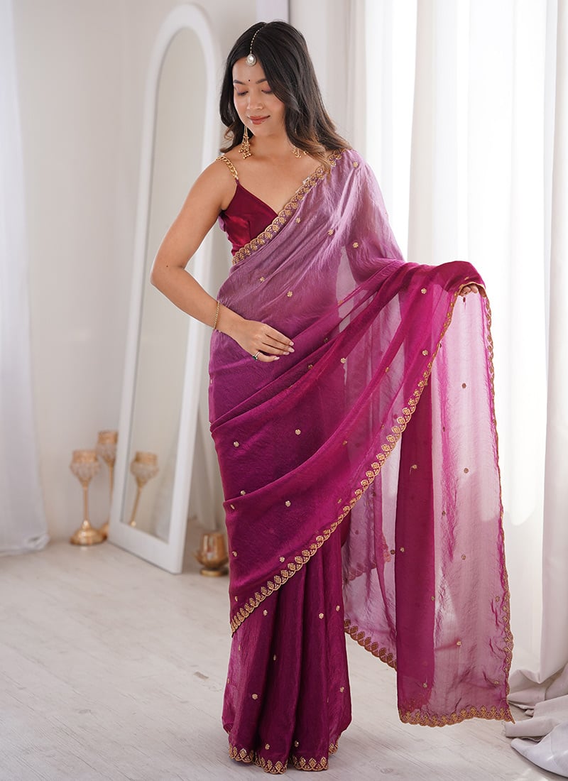 Purple Fendi Satin Embroidered Sequins Saree After Six Wear
