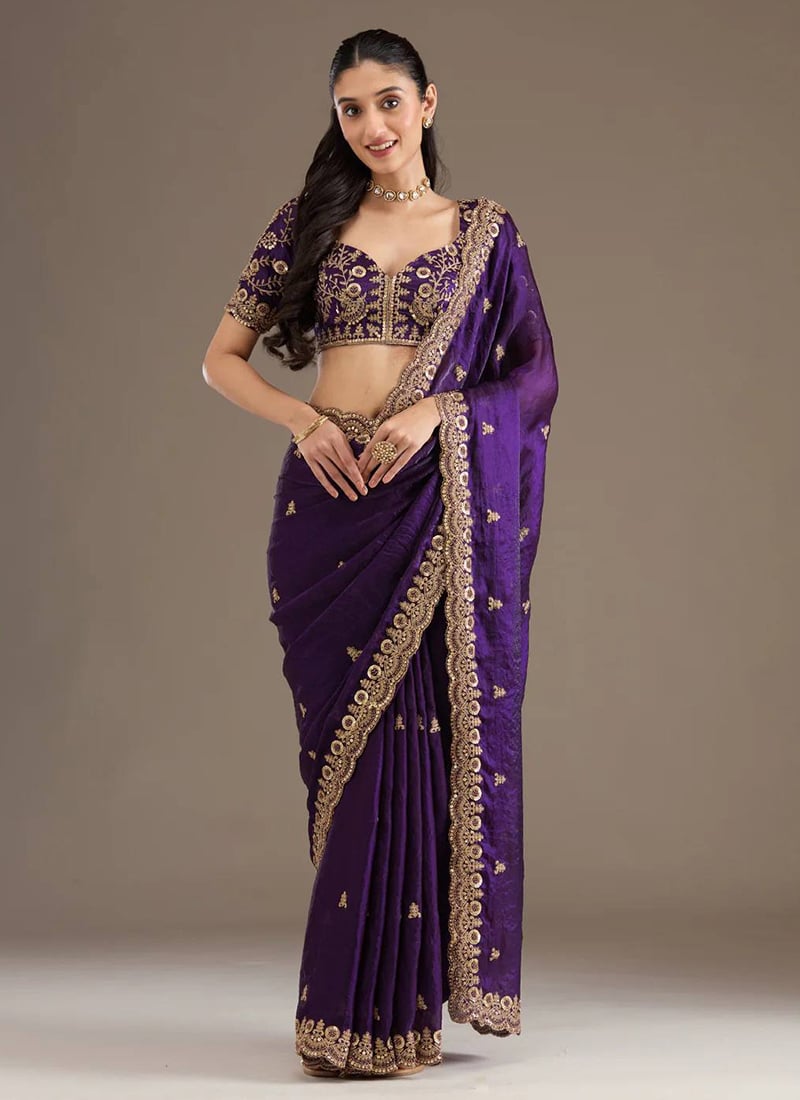 Purple Fendy Satin Silk Zari Embroidered Sequins Saree Festive Wear