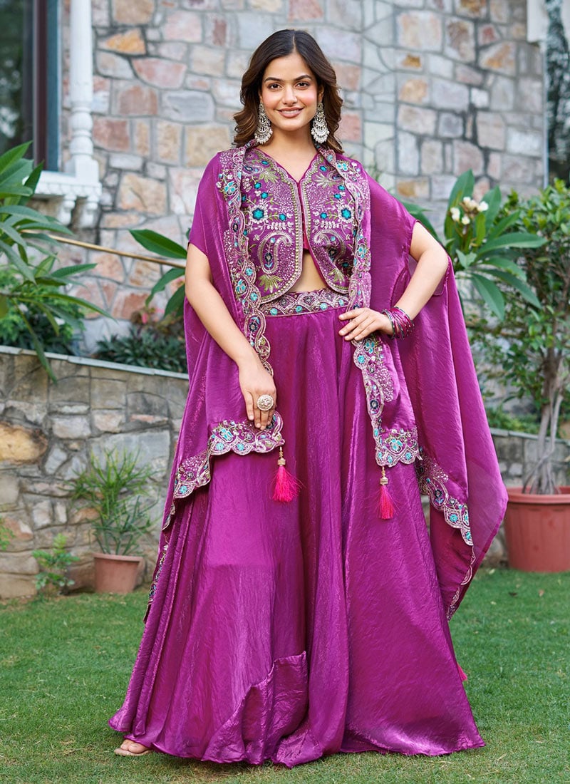 Purple Fendy Silk Embroidered Sequins Indowestern Jacket Skirt Set Festive Wear