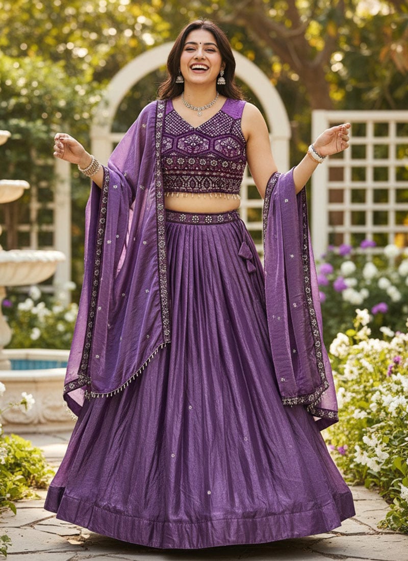 Purple Fendy Silk Embroidered Sequins Lehenga Wedding Wear