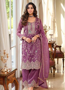 Purple Fendy Silk Embroidered Sequins Palazzo Suit