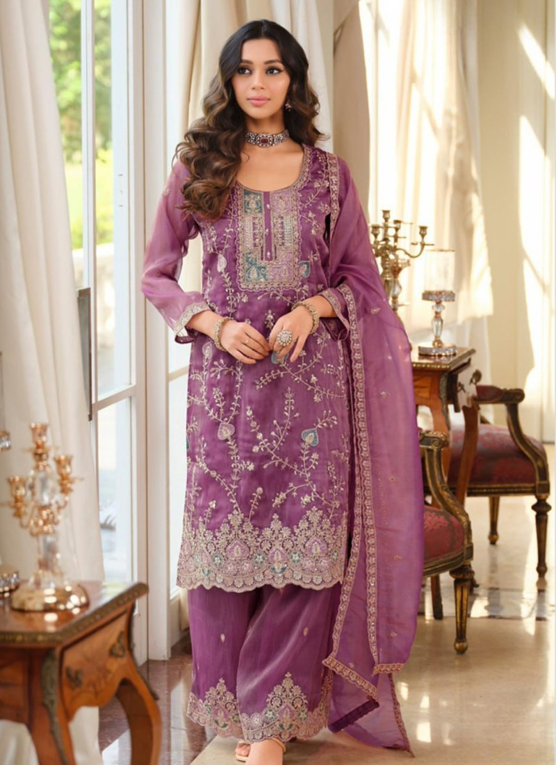 Purple Fendy Silk Embroidered Sequins Palazzo Suit Festive Wear