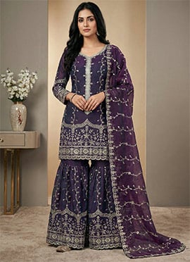 Purple Fendy Silk Embroidered Sequins Sharara Suit