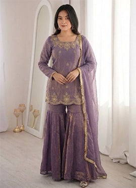 Purple Fendy Silk Embroidered Sequins With Stone Work Sharara Suit