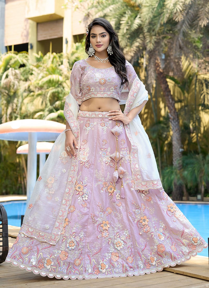 Purple Fendy Silk Embroidered Stones And Sequins Umbrella Lehenga Wedding Wear