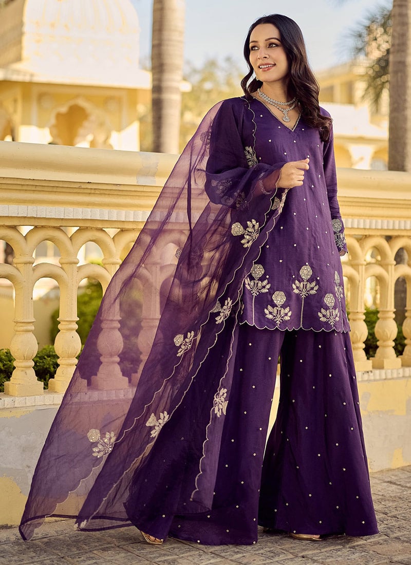 Purple Floral Embroidered Chanderi Silk Elegant Palazzo Suit Festive Wear