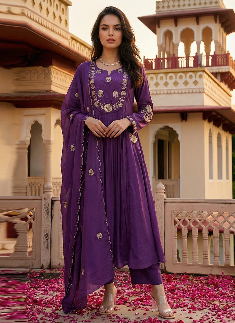 Purple Floral Embroidered Chanderi Silk Straight Pant Suit Festive Wear