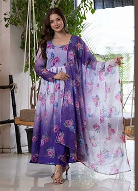 Purple Floral Printed Organza Anarkali Suit