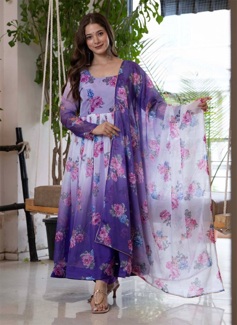 Purple Floral Printed Organza Anarkali Suit After Six Wear